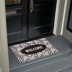 Pizza Slices Black White Chequered Chef Welcome Doormat