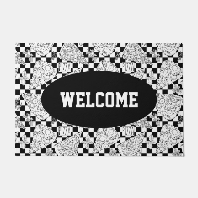 Pizza Slices Black White Chequered Chef Welcome Doormat (Front)