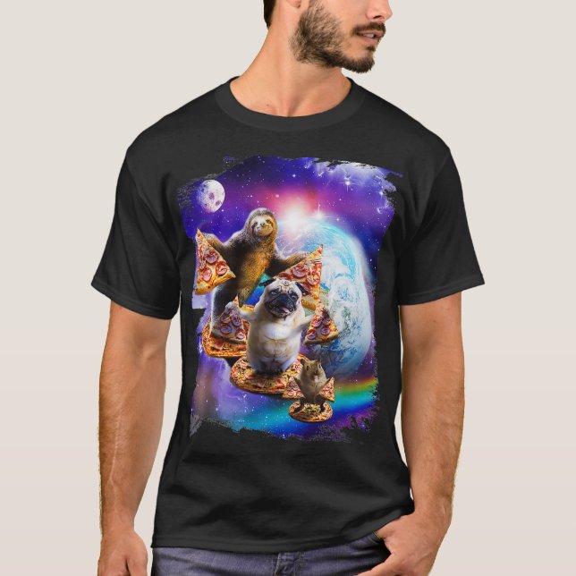 Pizza Sloth Pug Hamster In Space Galaxy Funny T-Shirt (Front)