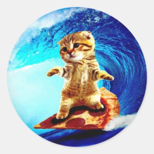 Pizza Surfing Cat Classic Round Sticker