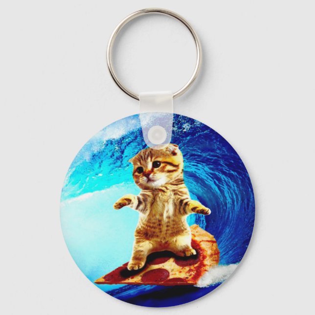 Pizza Surfing Cat Keychain (Front)