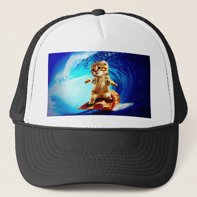 Pizza Surfing Cat Trucker Hat (Front)
