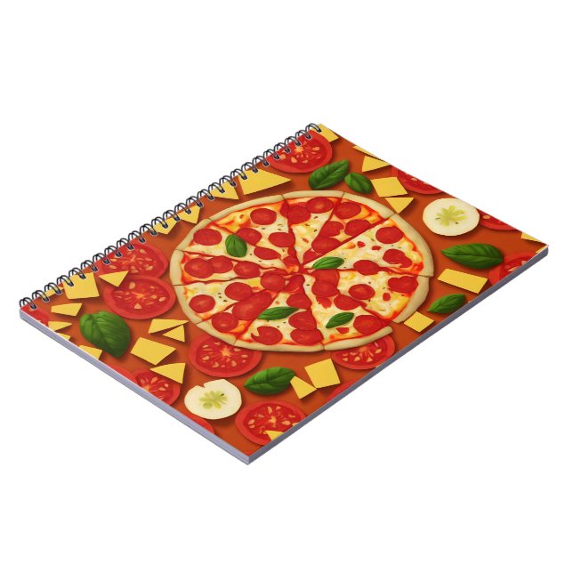 Pizza tomato cheese basil pattern bright notebook (Left Side)