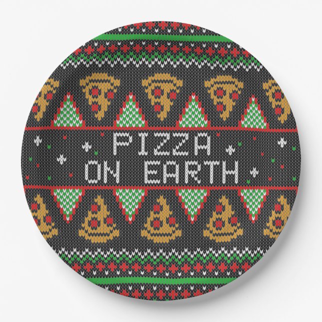 Pizza Ugly Christmas Sweater Paper Plate (Front)