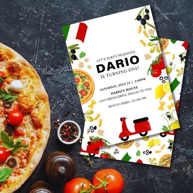 Pizza & Vespa Italienne Invitation Anniversaire (Pizza Uno Birthday Invitation – Vespa & Pizza Theme for Kids Party)