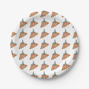 pizza with birthday hat paper plate