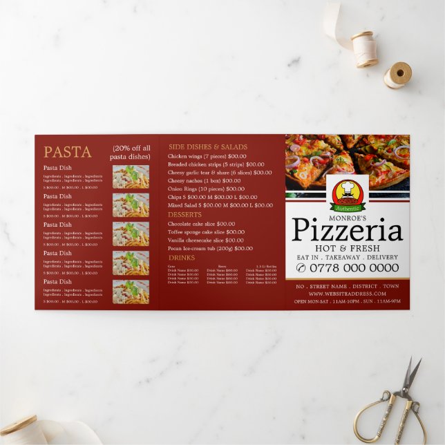 Pizzeria Restaurant, Pizzeria Menu Flyer Tri-Fold (Extérieur)