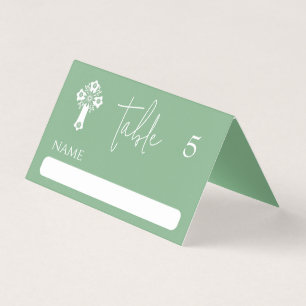 Place Card Floral Cross Christening Sage Green