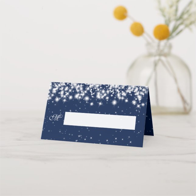 Place Card Wedding Winter Sparkle Navy Blue (Front)
