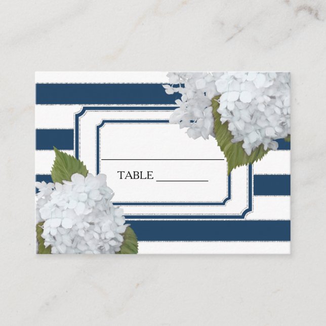 Place Cards Art Deco Navy Striped White Hydrangeas (Front)