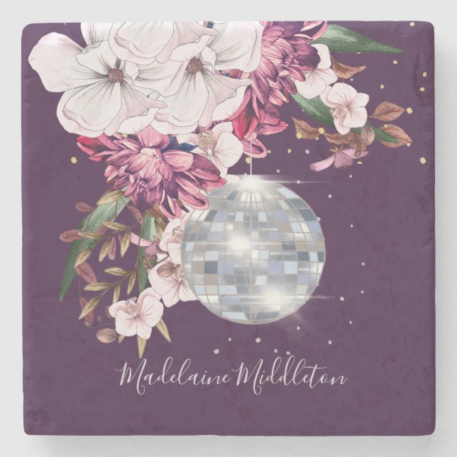 Place Escort Name Seating Disco Floral Burgundy  Stone Coaster (Front)
