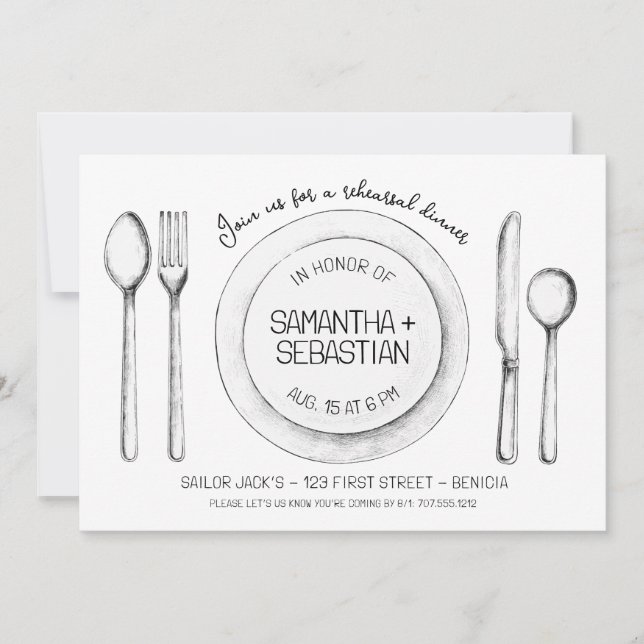Place Setting Sketch Rehearsal Dinner Invitation (Front)