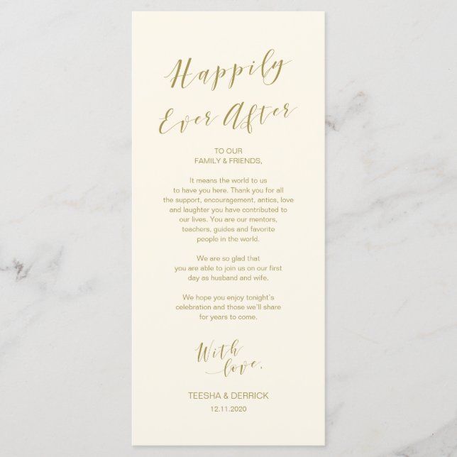 Place Setting Thank you card, modern Script Gold Program (Front)