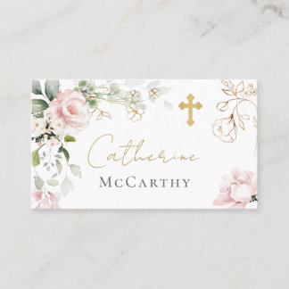 Placement Carte de baptême aux roses roses et feuillage