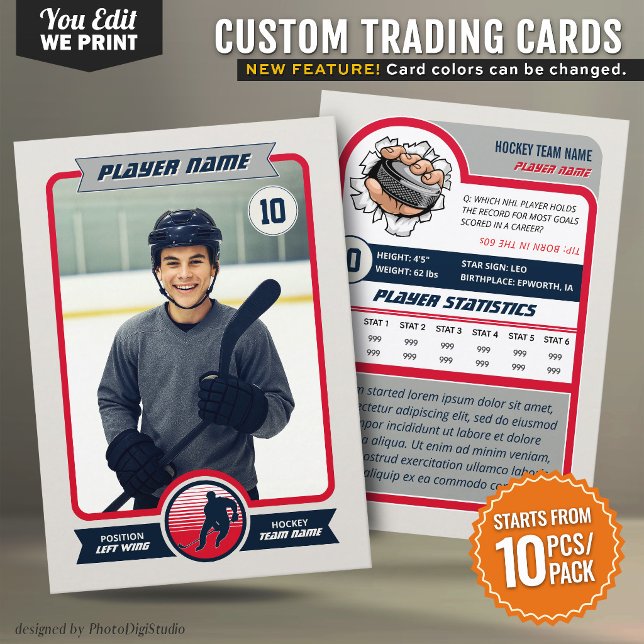 Placement Carte de hockey personnalisée aux couleurs de l'éq (Custom Hockey Trading Card Custom Team Colors Card - Change photo, text, and colors - 10pcs/pack)
