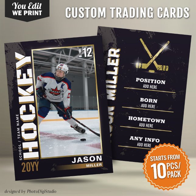 Placement Carte de hockey personnalisée Carte de joueur en o (Custom Hockey Trading Card Black Gold Player Card - 10 pcs/pack)