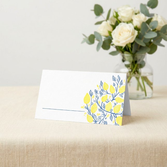 Placement Carte de lieu de nom de table bleu clair et jaune (Bright blue and yellow table name place card.)