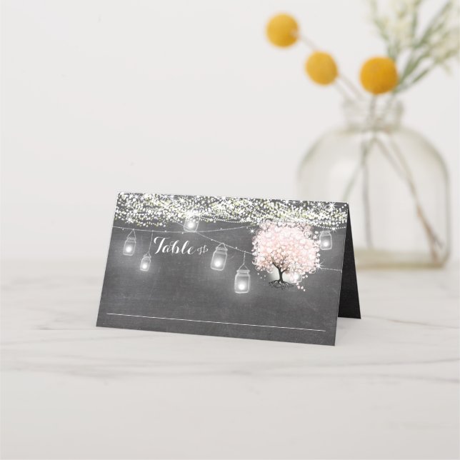 Placement Carte de Mariage Chalkboard Pink Heart Leaf Tree (Devant)