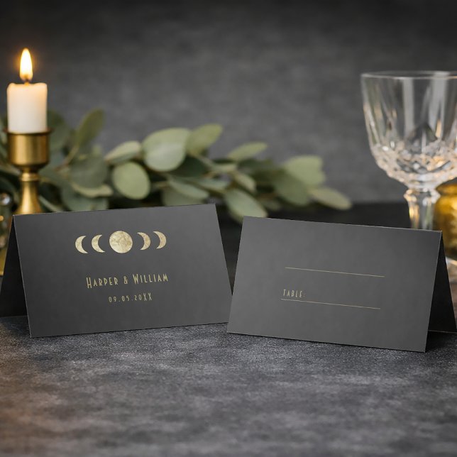 Placement Carte de table de mariage art déco céleste (Celestial equinox art deco with moon phases place card)