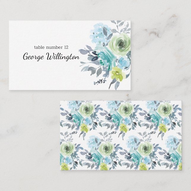 Placement Carte de table de mariage floral bleu clair jaune  (Devant / Derrière)