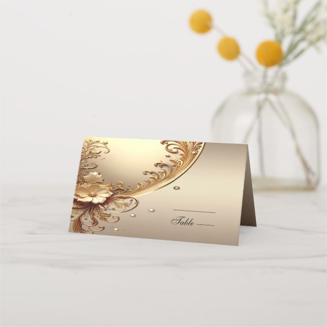 Placement Carte de table florale ornée dorée (Devant)
