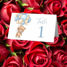 Carte de table ours en peluche ballon bleu Baby Sh
