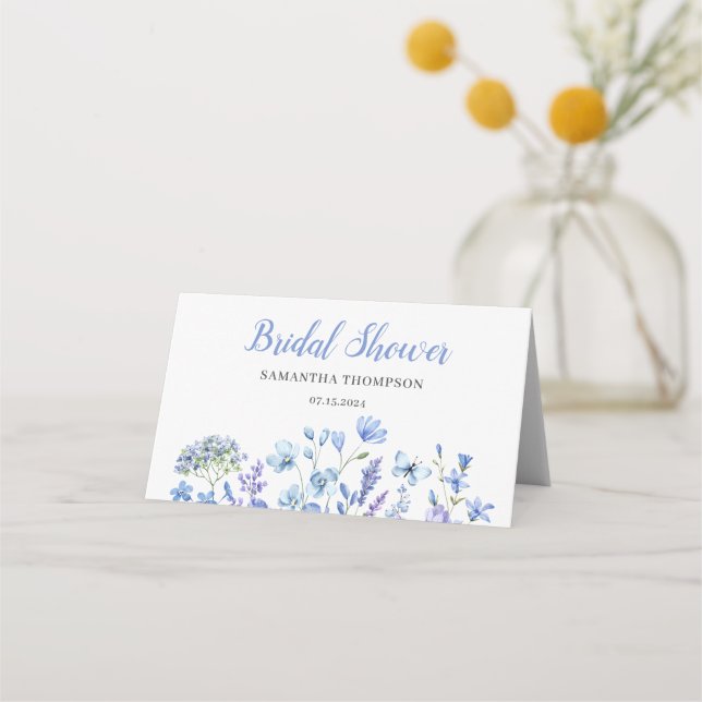 Placement Carte de table pliée pour mariage floral bleu (Dos)