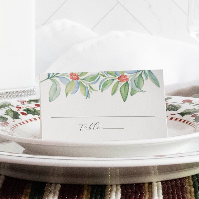 Placement Carte Mariage de Noël Watercolor Vert (Winter wedding place cards feature unique watercolor Christmas art by Victoria Grigaliunas)