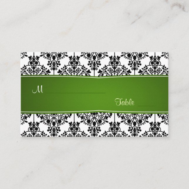 Placement Damask noir, blanc et vert Carte de lieu (Devant)