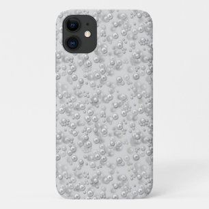 Placers of white-pink pearls on pink velvet iPhone 11 case