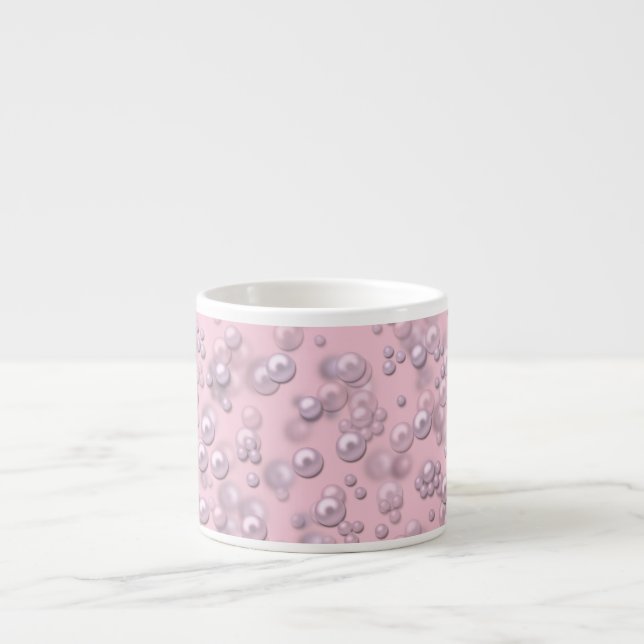 Placers of white-pink pearls on pink velvet espresso cup (Front)
