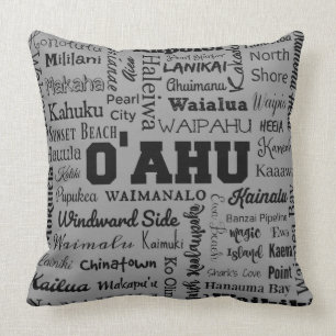Places of O'ahu Hawaii, grey and black Throw Pillow
