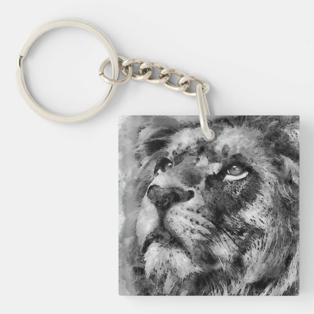 Placid Lion Face Silver Keychain (Front)