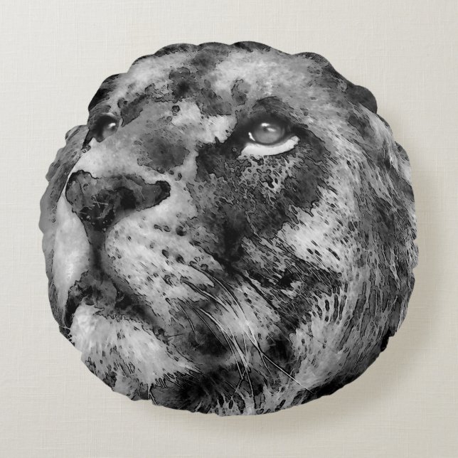 Placid Lion Face Silver Round Pillow (Front)