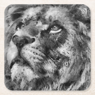 Placid Lion Face Silver Square Paper Coaster