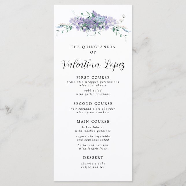 Plafond d'aquarelle violet Floral Quinceanera Menu (Devant)