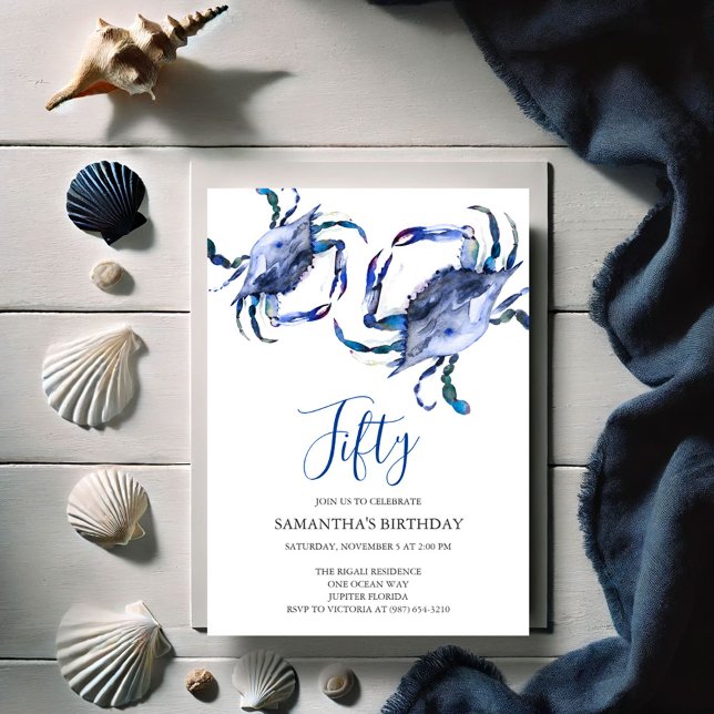 Plage 50e anniversaire Invitations Crab Boil (50th Birthday invitations blue watercolor crab art by Victoria Grigaliunas of Do Tell A Belle)