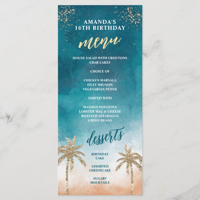 Plage amusante Turquoise et Gold Menu (Devant)