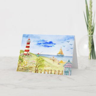 Plage avec Aquarelle Lighthouse 5 x 7 Carte