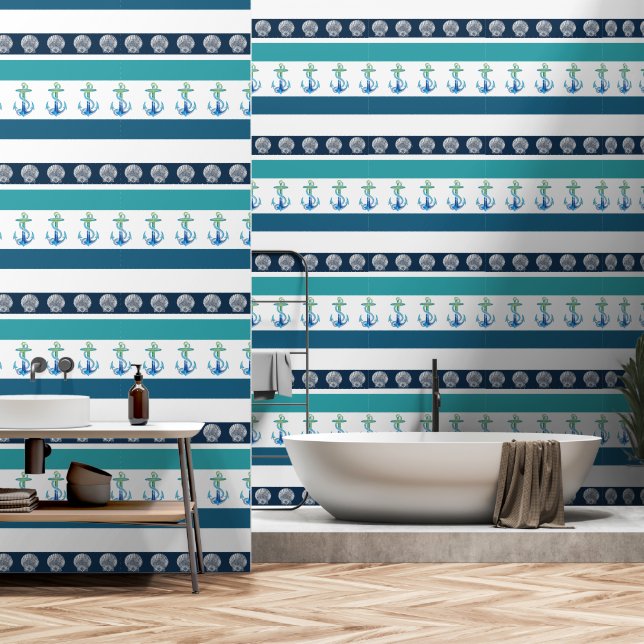 Plage Bleu Bleu Blanc Aqua papier peint Ancre Turq (Salle de bain)