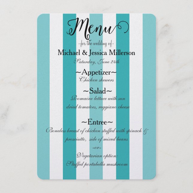 Plage Blue Turquoise Stripes Menu Mariage (Devant)