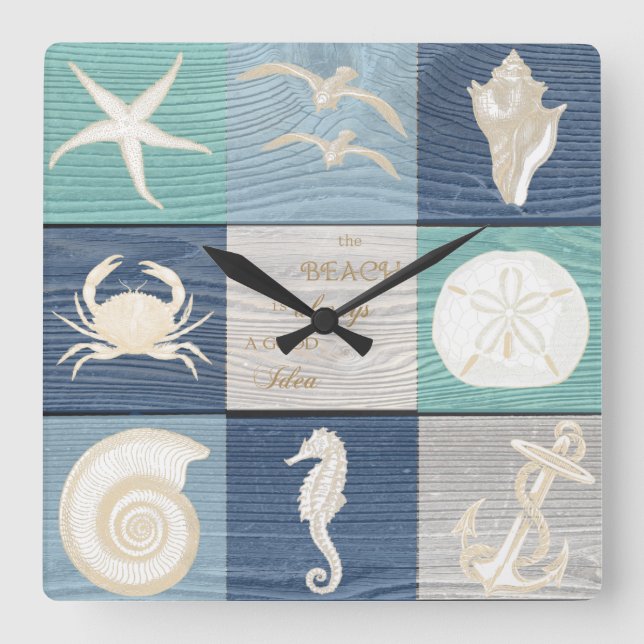 Plage Bonne Idée Bleu Aqua Vieux Bois Horloge Mer (Recto)