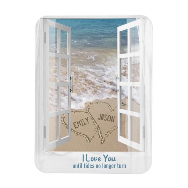 Plage Coeurs dans la fenêtre avec le nom Magnet (Vertical)