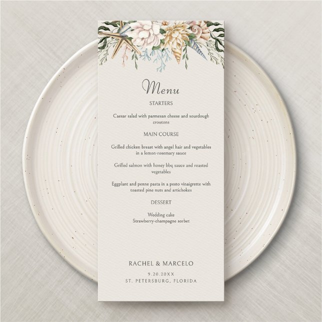 Plage Coquillages Floral Mariage Menu (Créateur téléchargé)