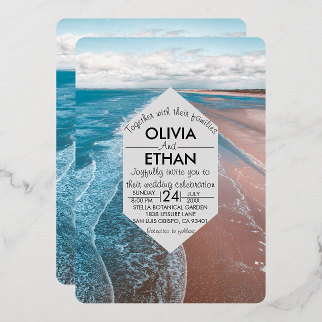 plage côtière bleu marine Mariage Foil Invitation (Recto/Verso)