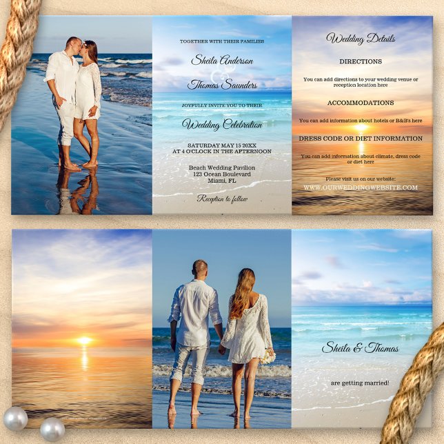 Plage Destination Mariage Tri-fold Invitation (Tri-fold beach destination wedding invitation with your own favorite photos and a colorful beach)