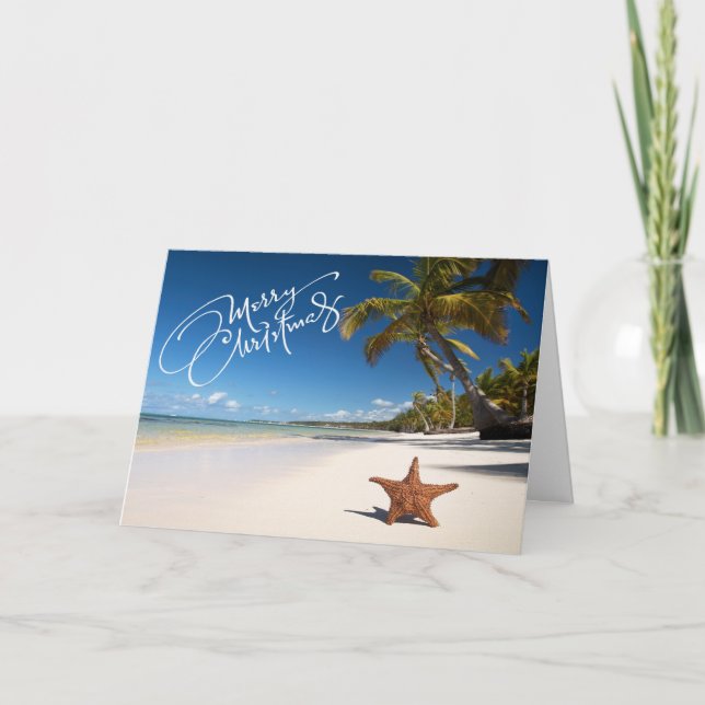 Plage ensoleillée avec carte de Noël Starfish (Devant)