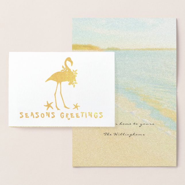 Plage Flamant rose Gold Foil Cartes de Noël (Affichage)
