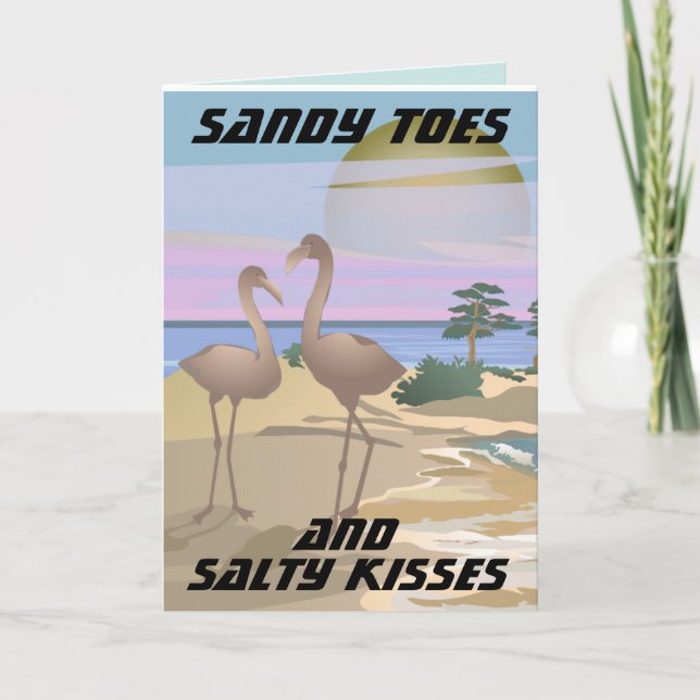 PLAGE FLAMANTS ROSES TROPICAUX ART CARTE D'ANNIVER (Devant)