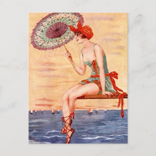 Plage Flapper Girl Carte postale natation Paraplui (Devant)